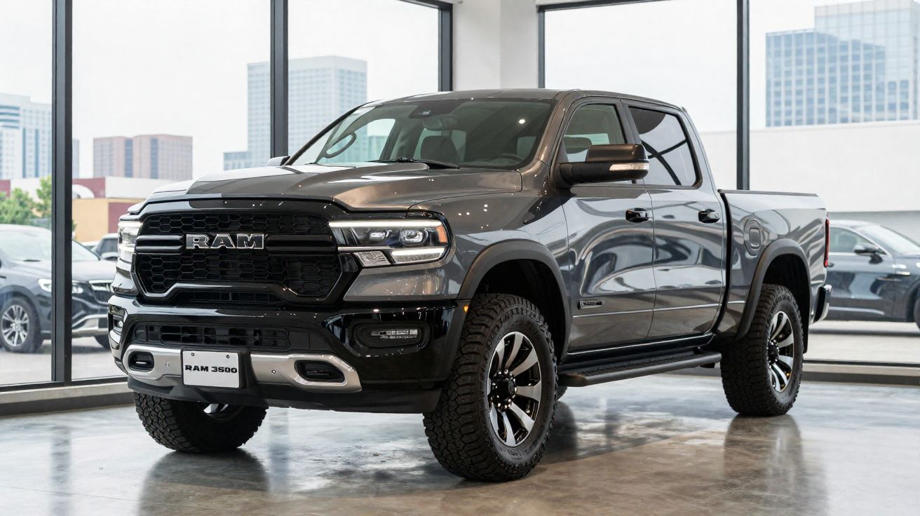 Pick-up noir RAM 3500 exposé dans une salle lumineuse avec grandes fenêtres et vue urbaine en arrière-plan.