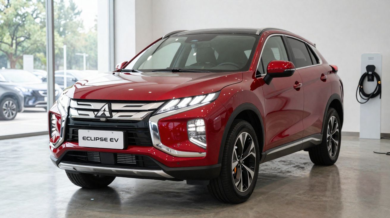 SUV électrique rouge Mitsubishi Eclipse EV garé en intérieur sur sol en béton.