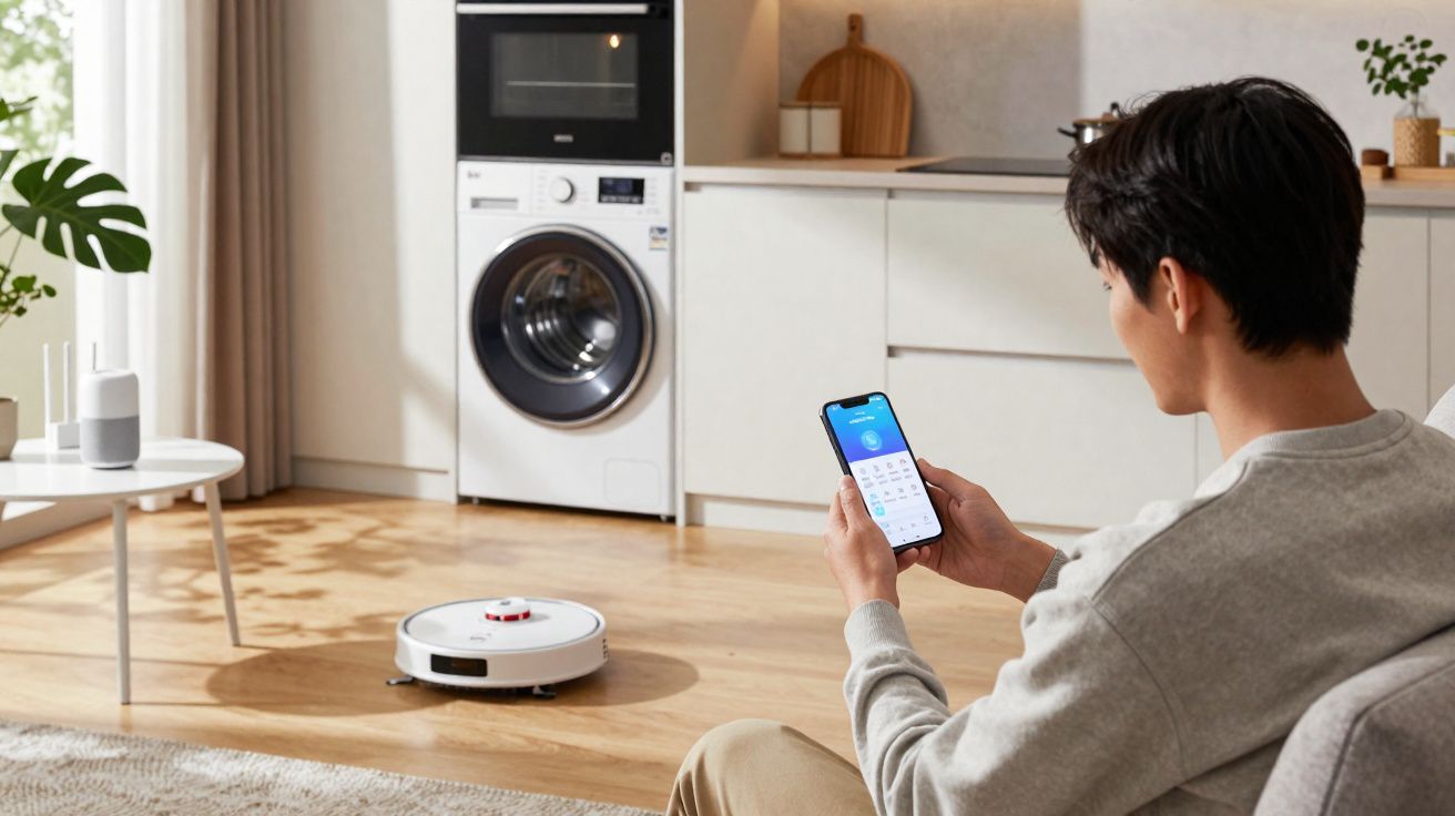 Homme utilisant une application smartphone pour contrôler un aspirateur robot dans un salon moderne lumineux.