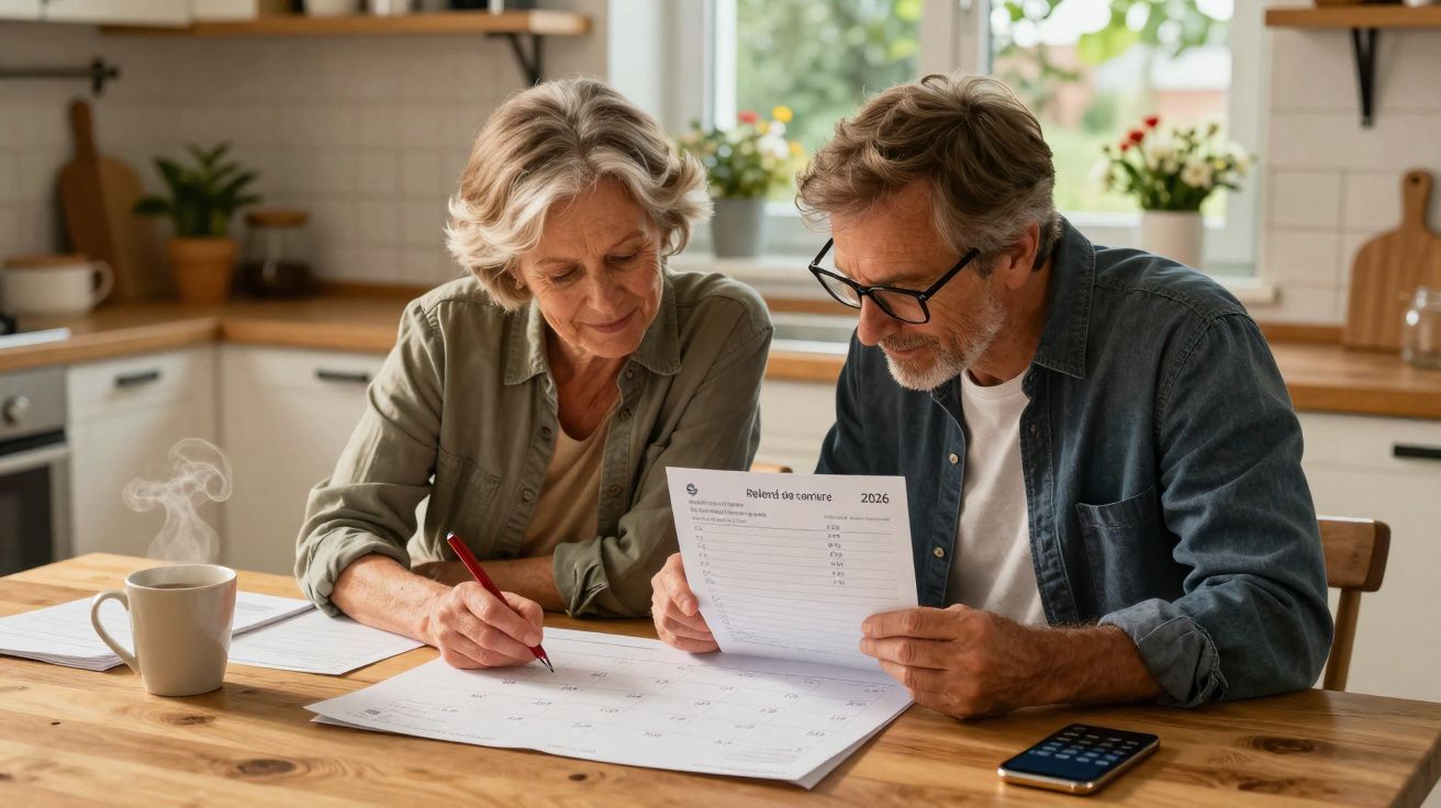 Couple senior assis à une table en bois, planifiant et prenant des notes avec un calendrier et une facture en 2026.