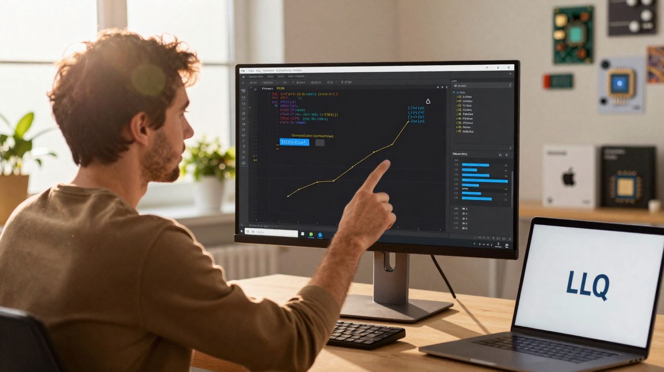Homme analysant un graphique linéaire sur un grand écran d’ordinateur dans un bureau lumineux.