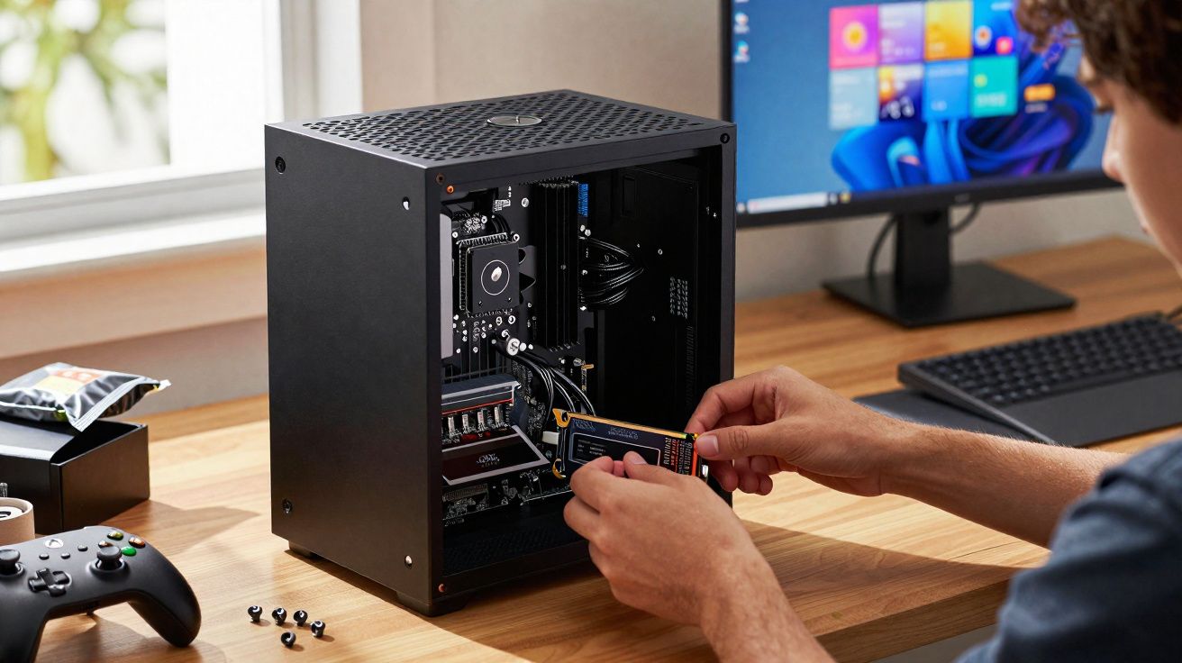 Personne installant un disque SSD dans un boîtier PC noir sur un bureau en bois avec un écran d'ordinateur allumé.