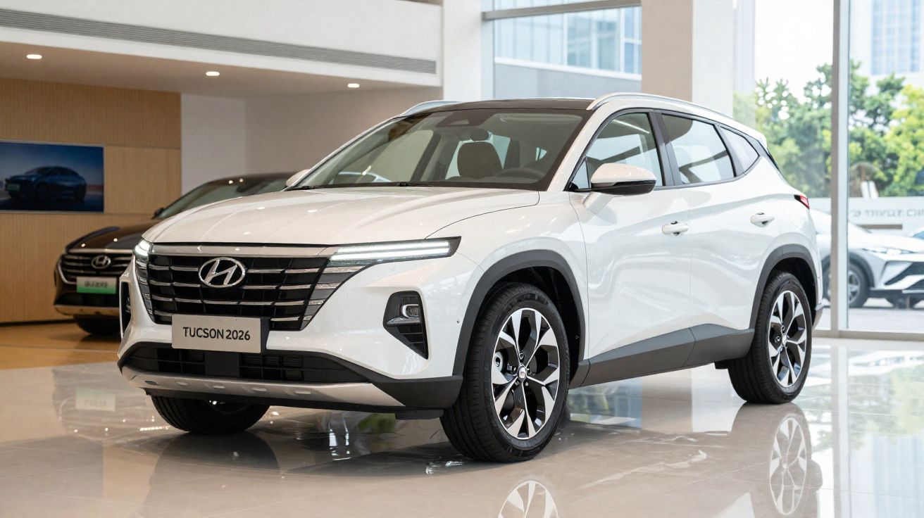 Hyundai Tucson 2026 blanc exposé dans un showroom moderne avec grandes baies vitrées.
