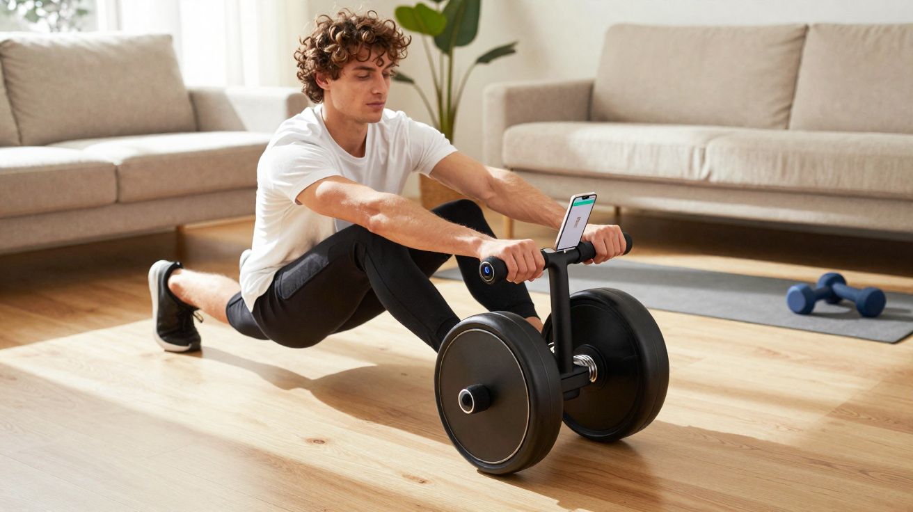 Homme faisant des exercices au sol avec roue abdominale dans un salon lumineux et moderne.