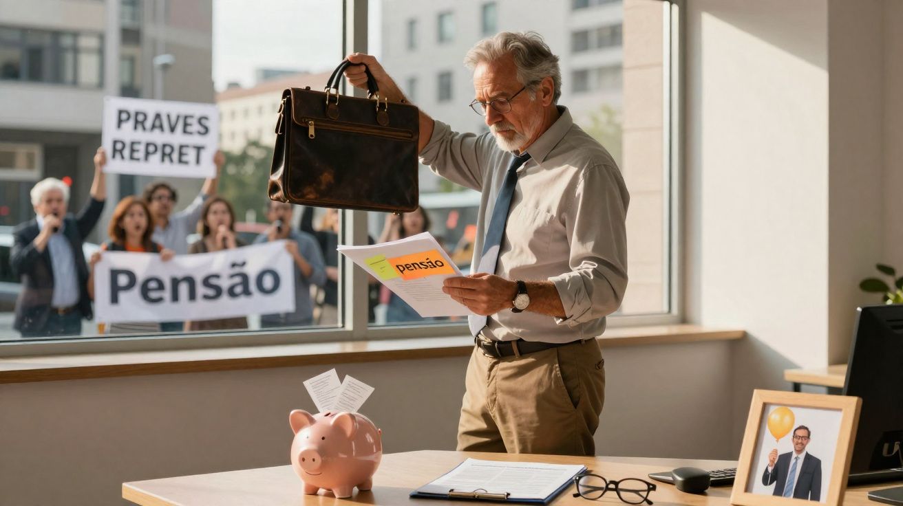 Homme mûr dans un bureau, lisant un document de pension, manifestants protestant à travers la fenêtre.