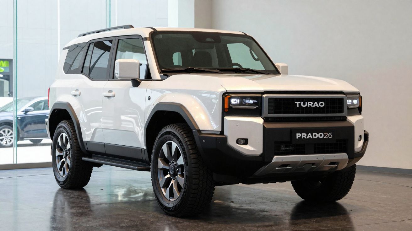 SUV blanc moderne Turao Prado26 exposé dans un showroom avec grande fenêtre en arrière-plan.