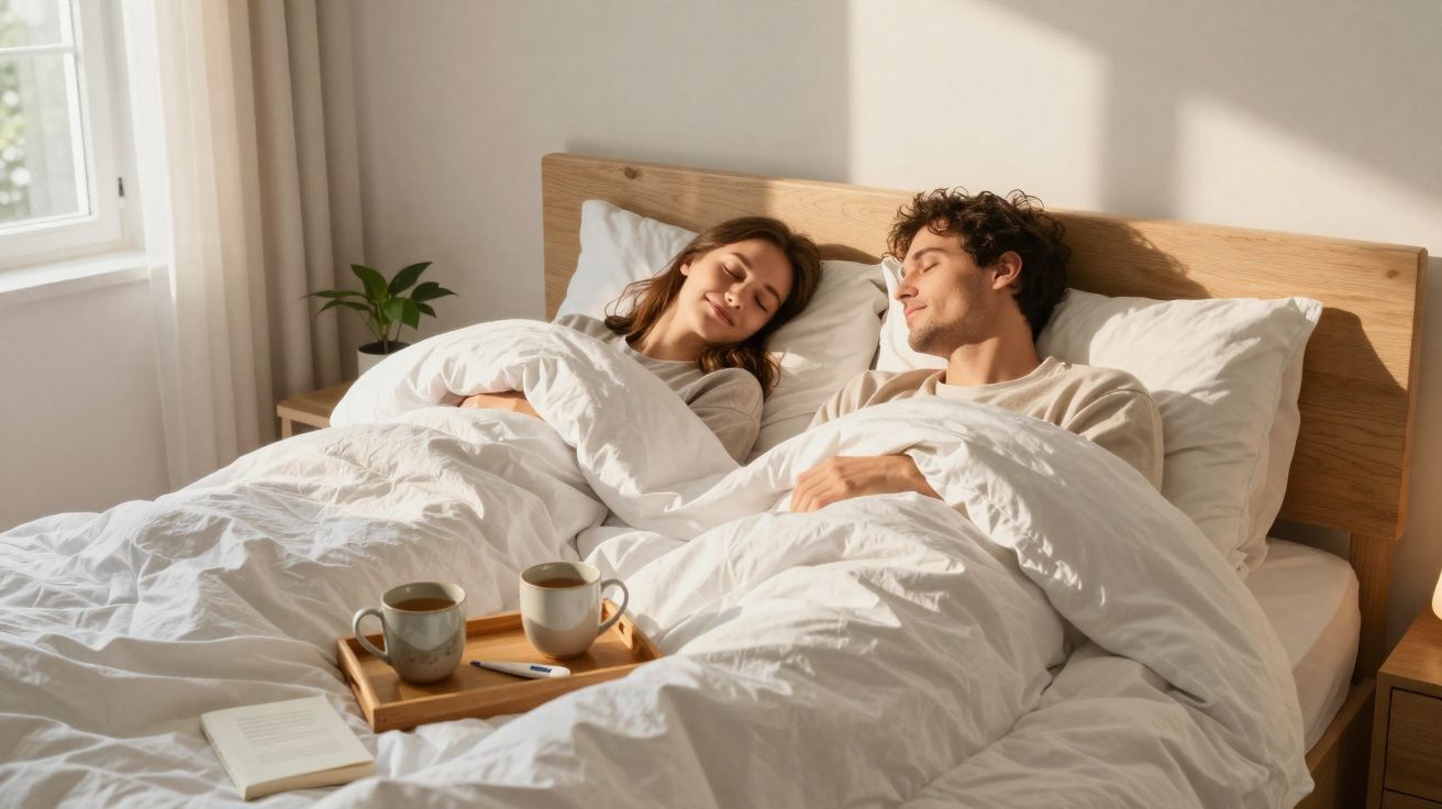 Couple allongé dans un lit blanc, profitant d'un moment paisible au soleil avec deux tasses sur un plateau.
