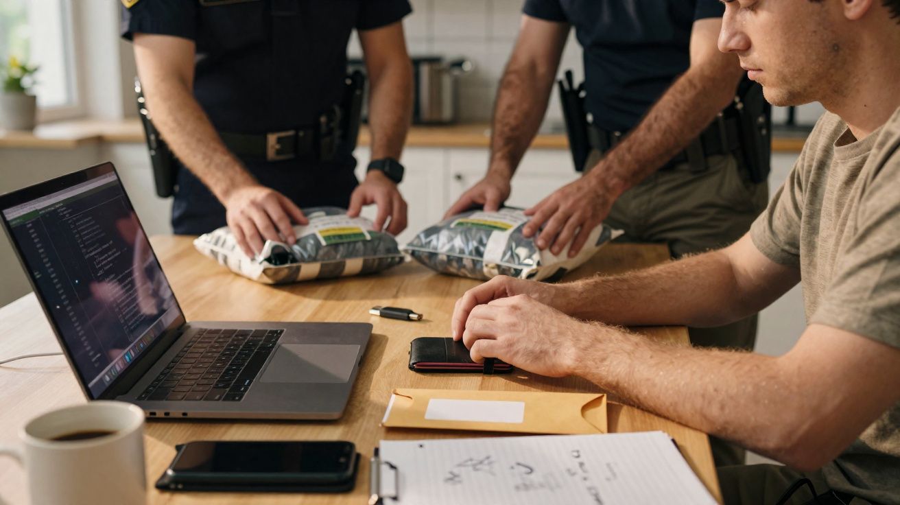 Trois hommes à une table avec un ordinateur portable, des enveloppes, des sacs et des documents.