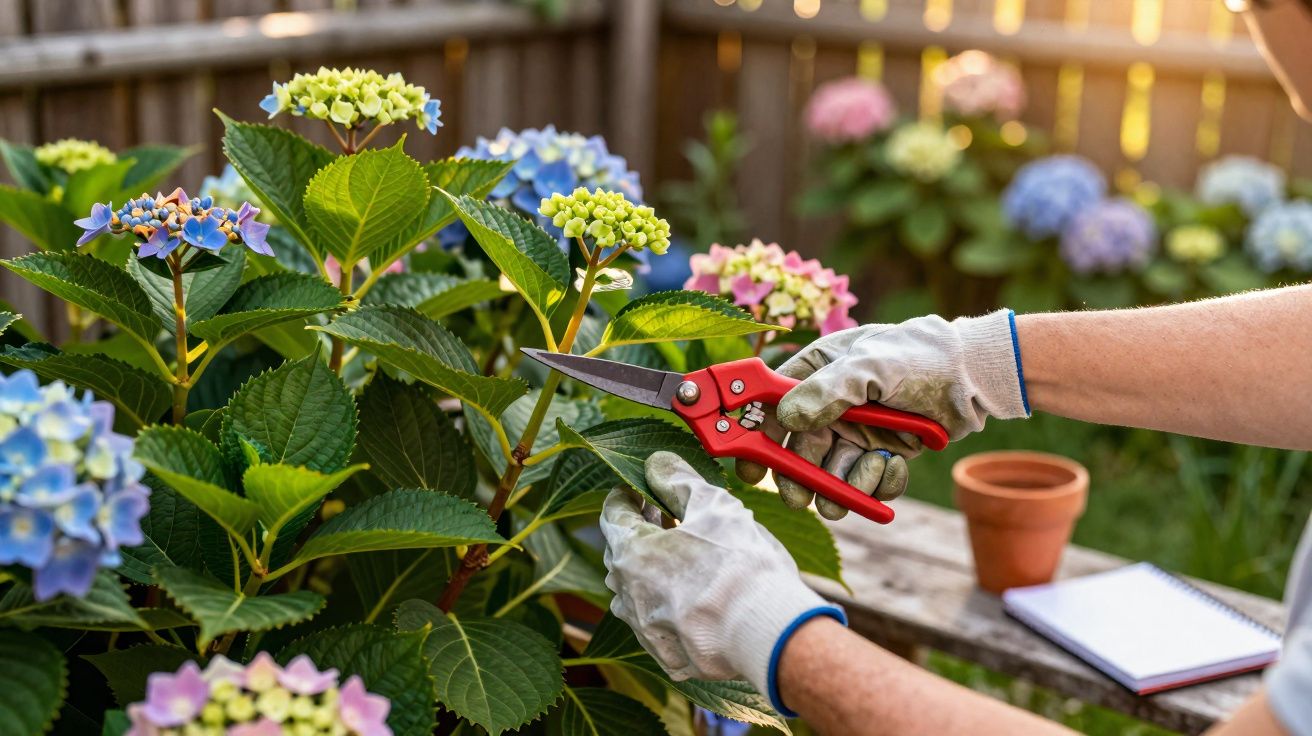Une personne en gants utilise un sécateur rouge pour tailler des hortensias dans un jardin lumineux.