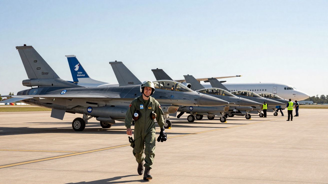 Un pilote en combinaison verte marche sur le tarmac devant une rangée de jets militaires et un avion civil.
