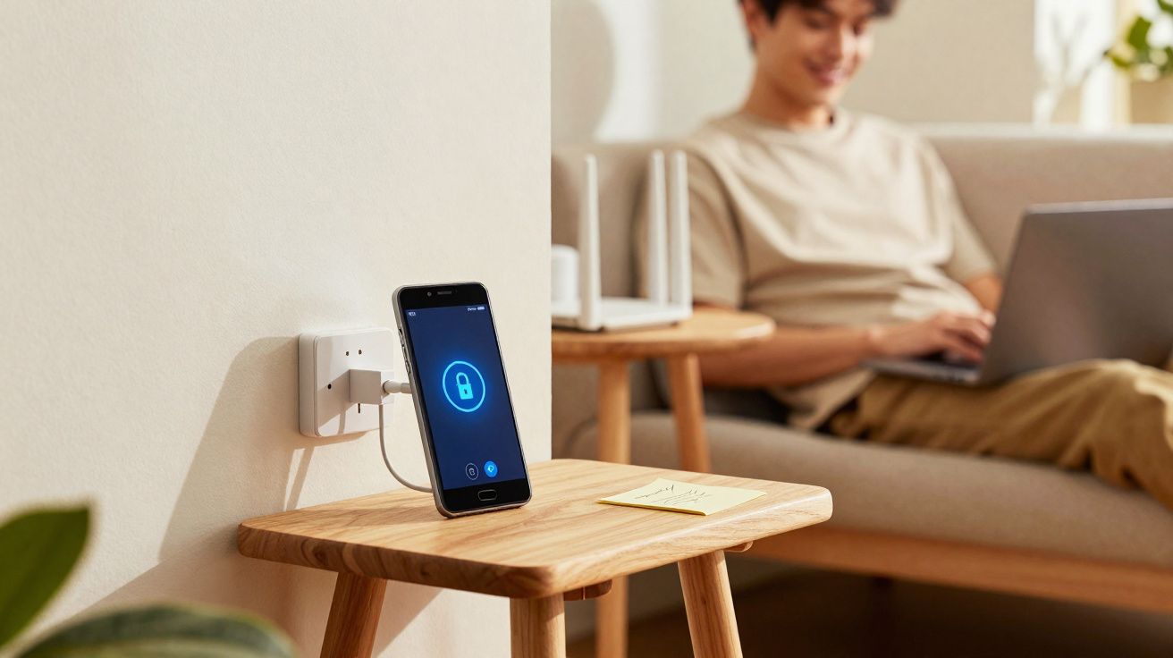 Smartphone en charge affichant une icône de cadenas sur une tablette en bois, homme travaillant sur ordinateur portable en ar