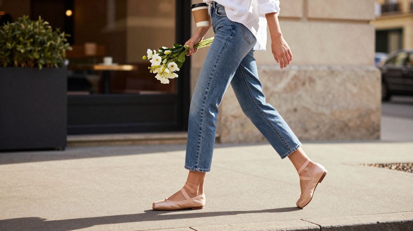 Personne marchant en jean et ballerines roses, tenant un bouquet de fleurs blanches en ville.
