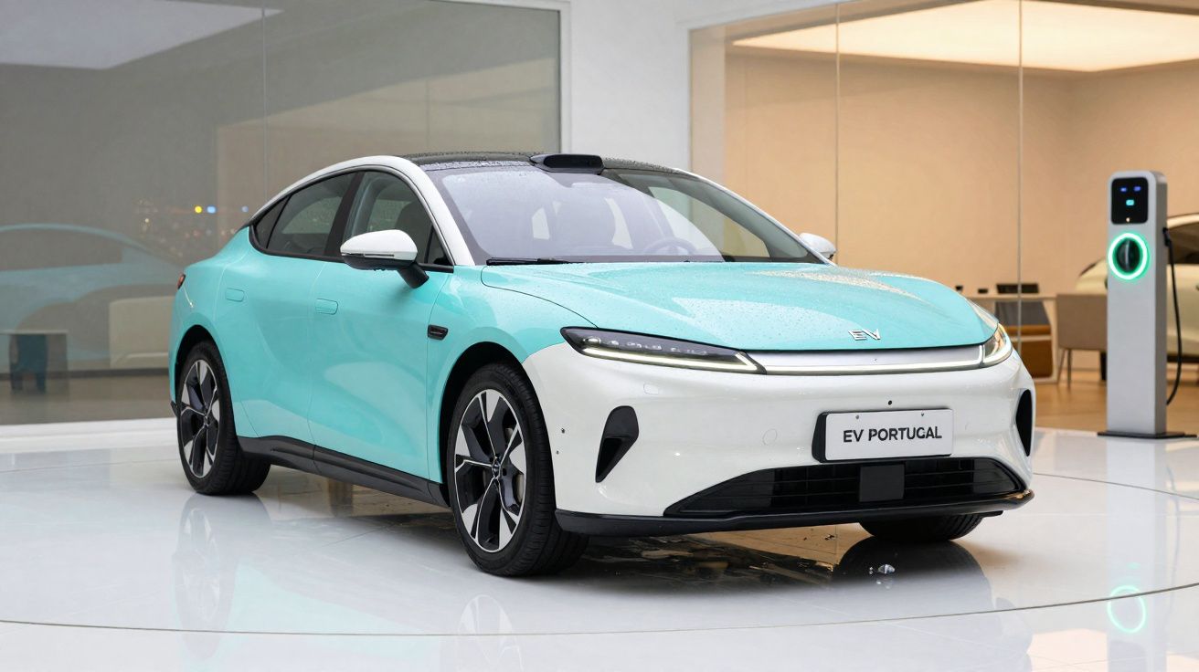 Voiture électrique turquoise et blanche en exposition dans un showroom moderne avec borne de recharge visible.