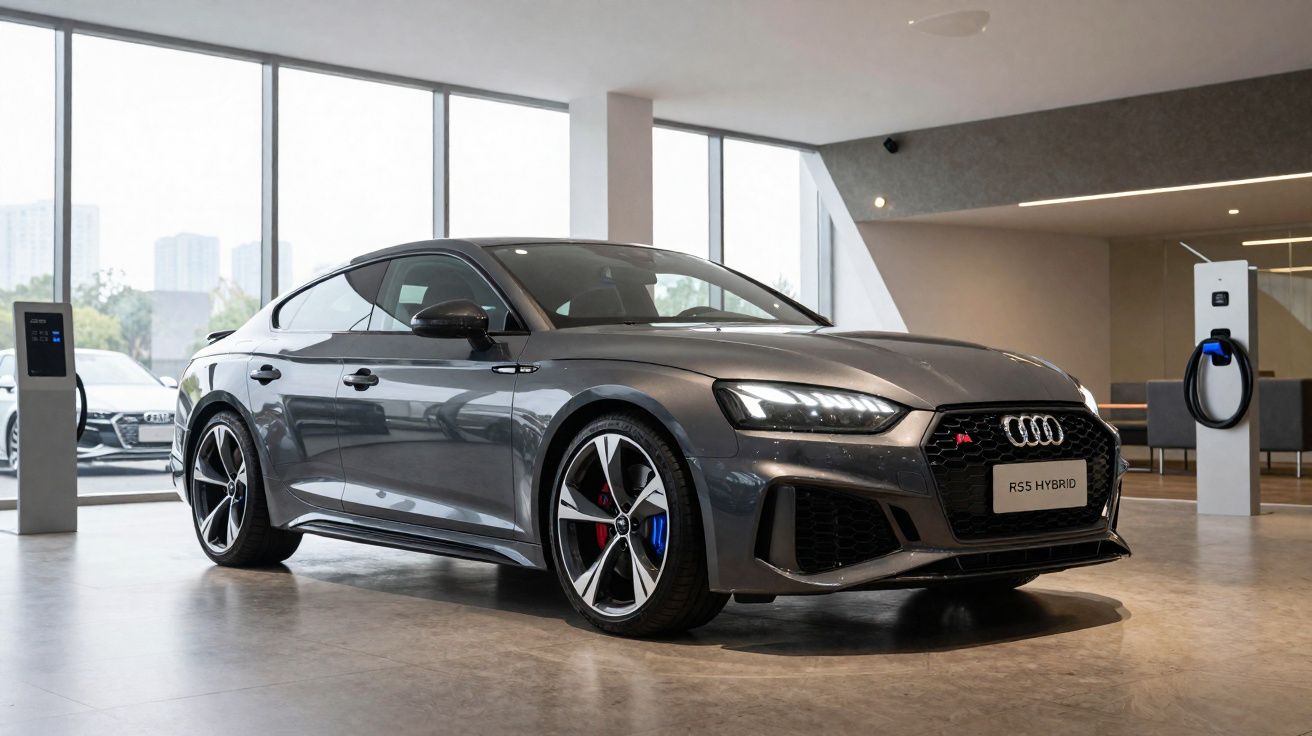 Voiture grise Audi RS5 Hybrid exposée en intérieur proche de bornes de recharge électrique.
