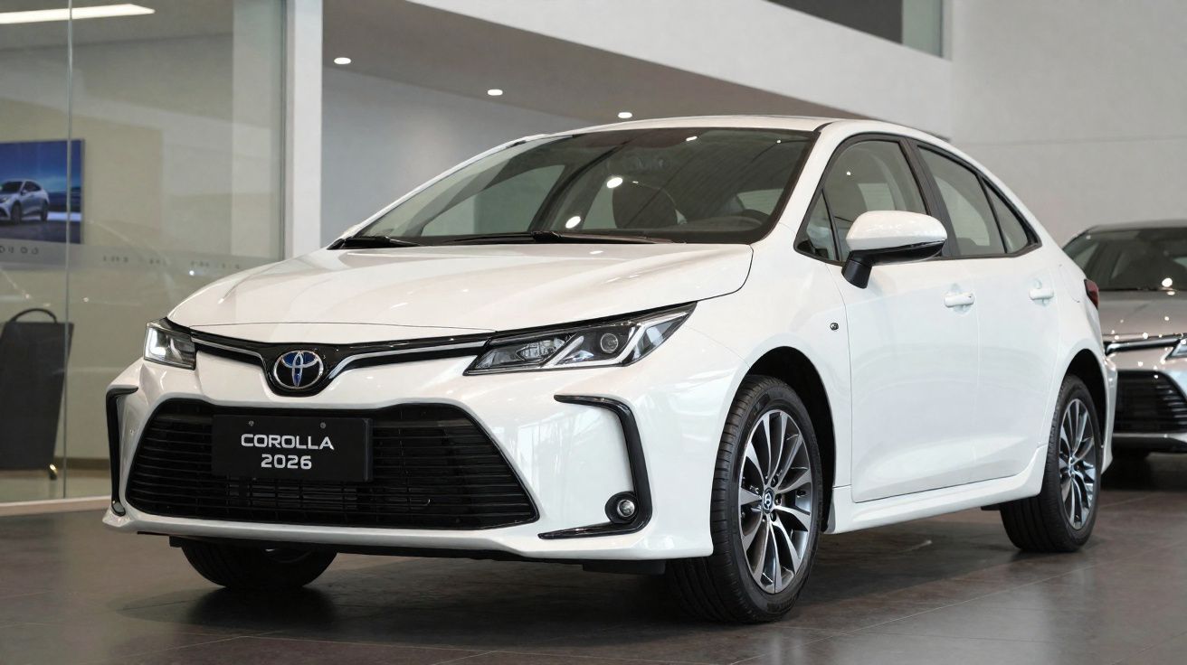 Toyota Corolla 2026 blanche exposée en intérieur, vue avant trois quarts.