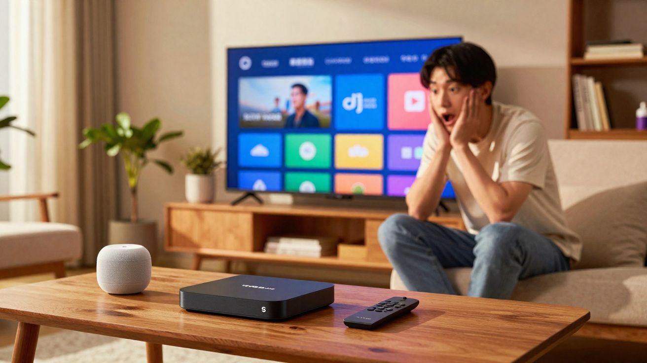 Jeune homme étonné regardant une télévision avec box multimédia, télécommande et enceinte sur une table basse.