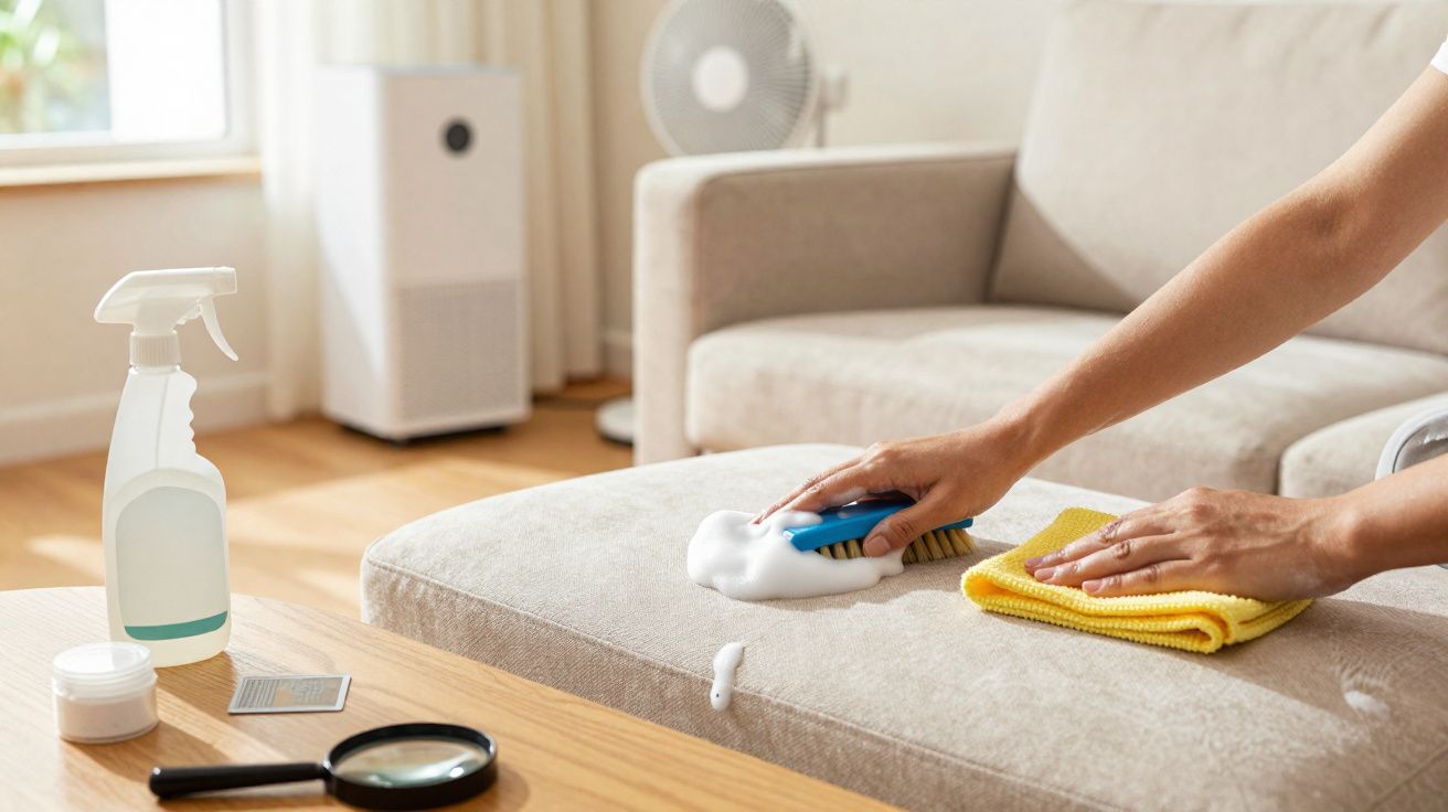Une personne nettoie un canapé beige avec une brosse, de la mousse et un chiffon jaune.