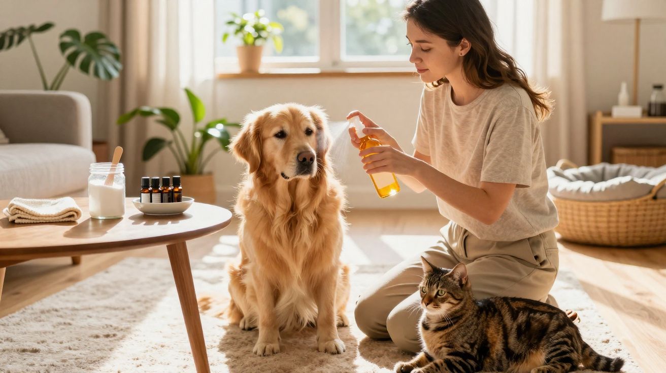 Femme appliquant un soin sur un chien golden retriever, un chat tigré allongé près d'eux dans un salon lumineux.