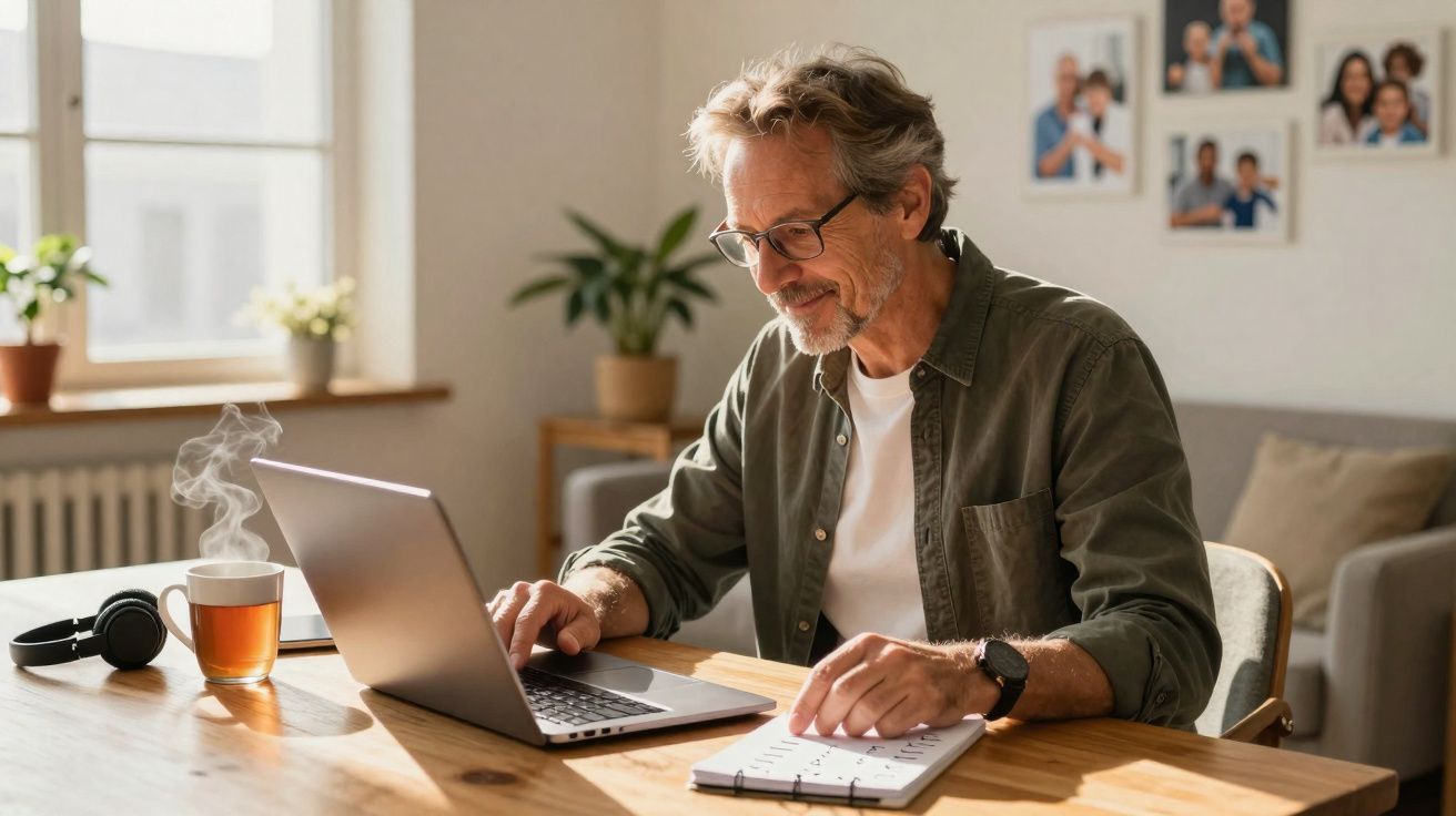 Homme souriant travaillant sur ordinateur portable à une table avec tasse de thé fumante dans un intérieur lumineux.