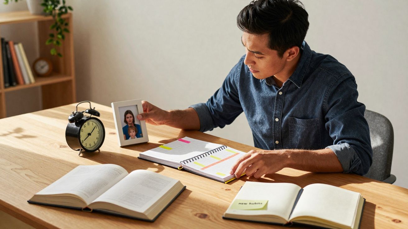 Jeune homme assis à une table, regardant un cadre photo, entouré de livres ouverts et d'un réveil noir.