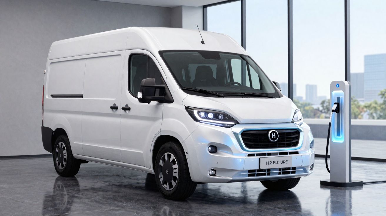 Fourgon électrique blanc H2 Future en charge dans un espace lumineux avec grandes baies vitrées.