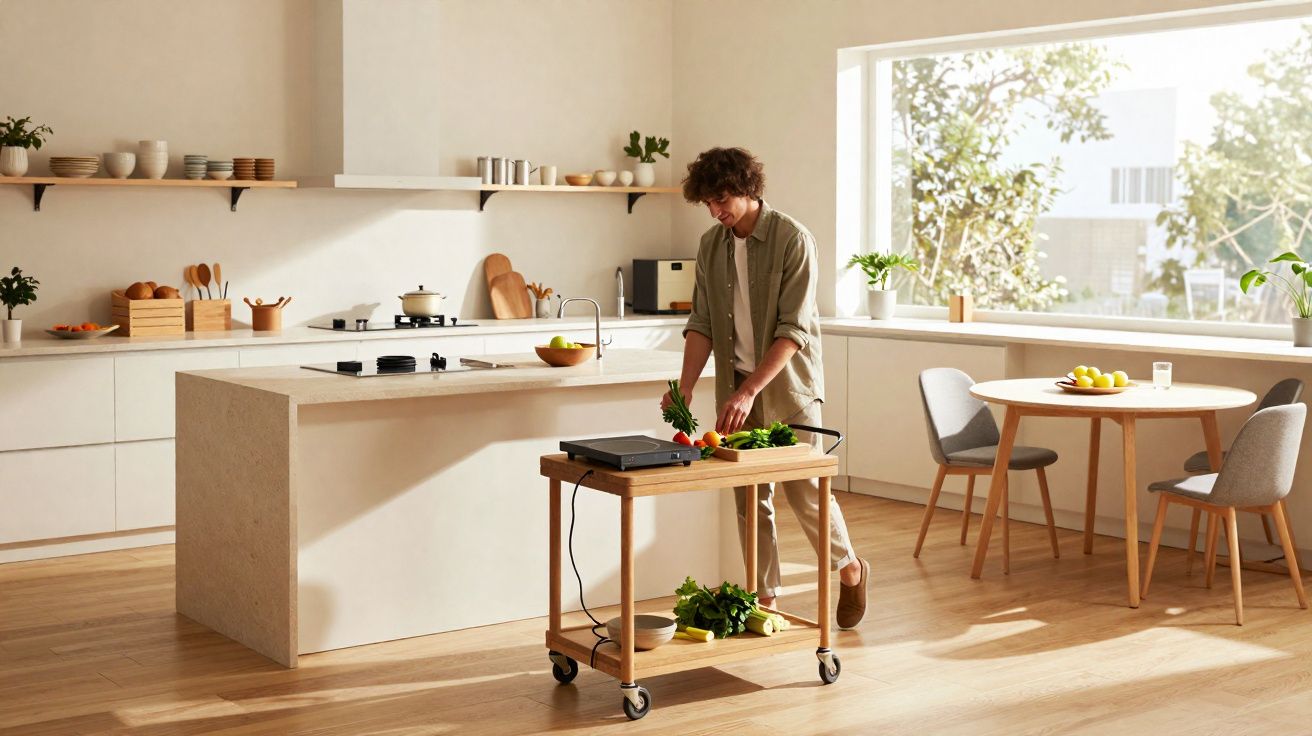 Jeune homme préparant des légumes dans une cuisine moderne lumineuse avec un grand plan de travail et une table à manger.