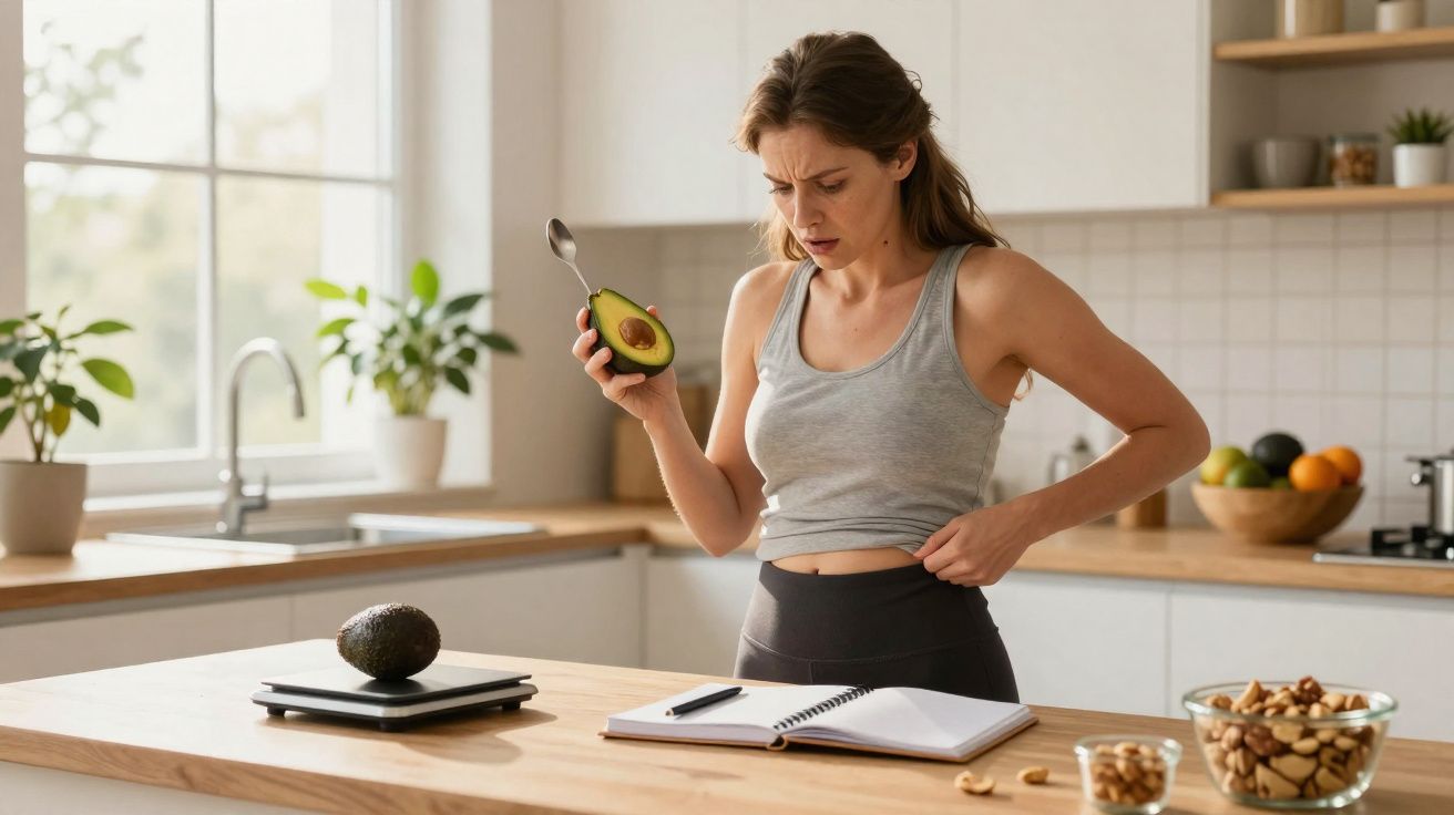 Femme examinant son ventre en tenue de sport dans une cuisine moderne, tenant un avocat et un carnet ouvert.