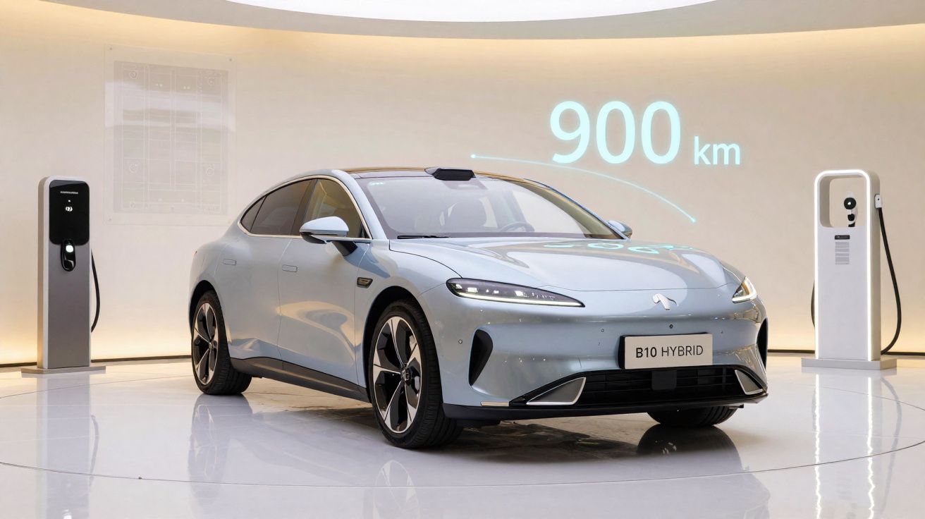 Voiture électrique hybride grise sur socle avec bornes de recharge et affichage 900 km en arrière-plan.