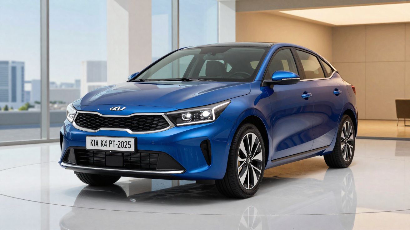 Voiture compacte Kia K4 bleu brillant exposée dans un showroom moderne avec sol blanc réfléchissant.