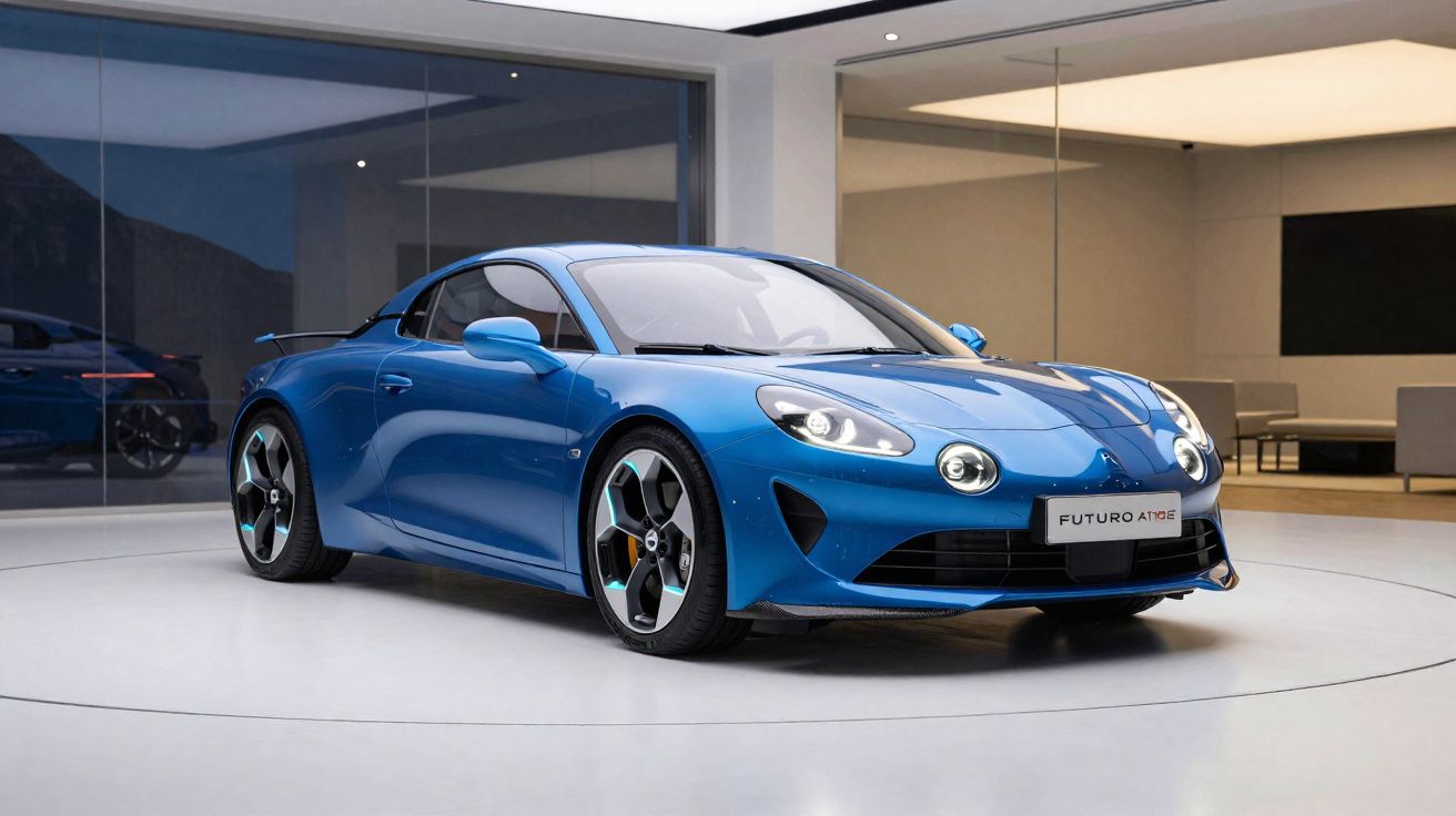 Voiture sportive bleue Alpine Futuro GT exposée dans un showroom moderne et lumineux.