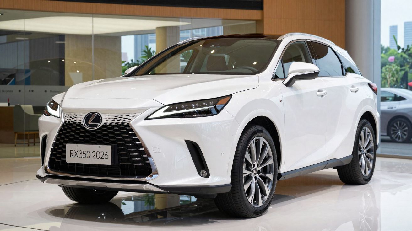 SUV Lexus RX350 2026 blanc exposé dans un showroom moderne avec un sol brillant et arrière-plan en bois.