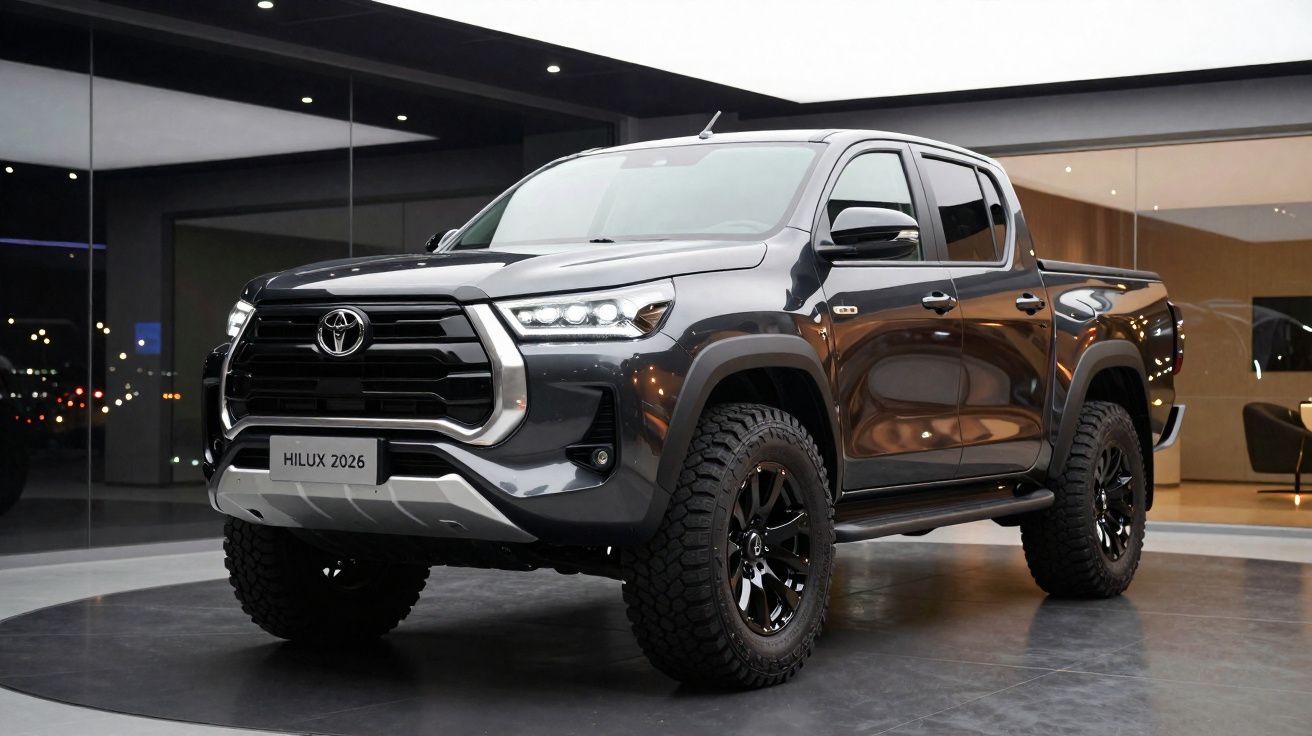 Toyota Hilux 2026 noir exposé dans un showroom moderne avec éclairage intérieur.