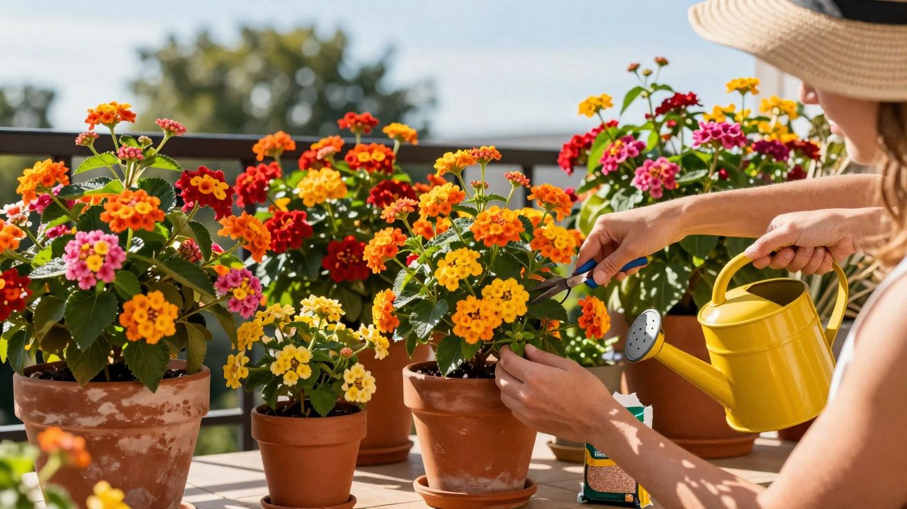 Personne arrosant et taillant des fleurs colorées en pots en terre cuite sur une terrasse ensoleillée.