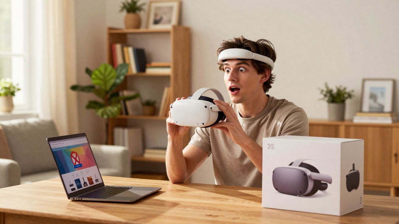 Jeune homme surpris tenant un casque de réalité virtuelle devant un ordinateur portable sur une table en bois.