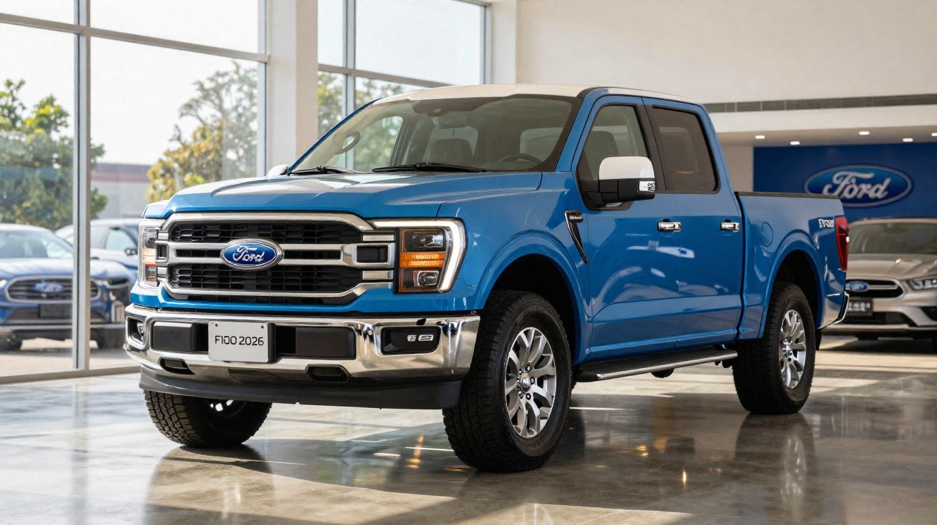 Pick-up Ford F-150 bleu 2026 exposé dans un showroom lumineux avec sol en béton poli.