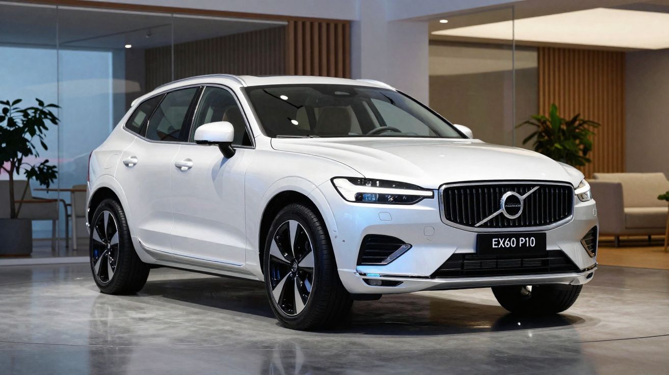 Voiture suv électrique Volvo EX60 P10 blanche exposée dans un showroom moderne et lumineux.