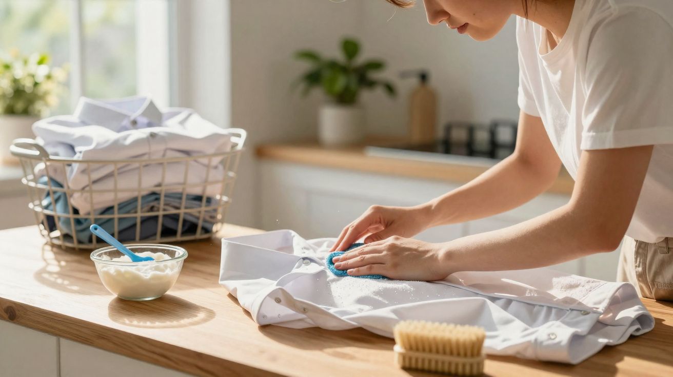 Personne en train de détacher une tache sur une chemise blanche avec une brosse dans une cuisine lumineuse.