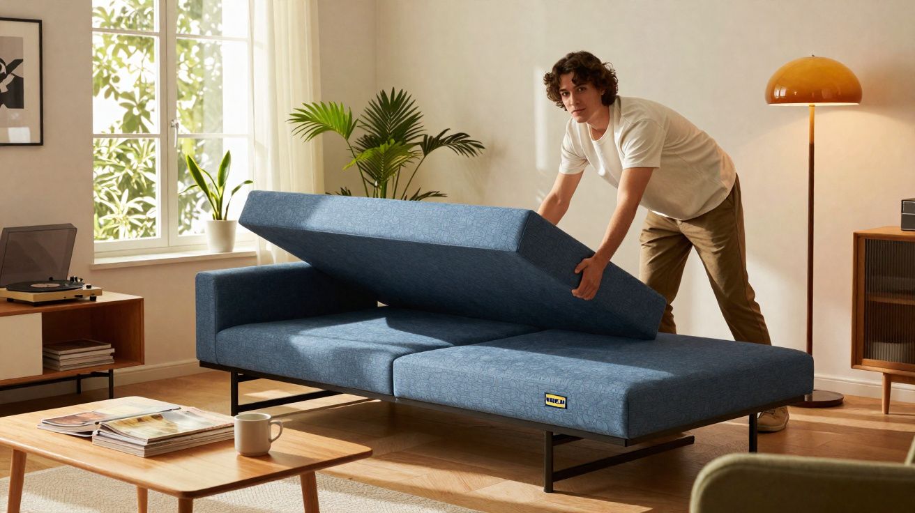 Homme soulevant le coussin d’un canapé-lit bleu dans un salon lumineux et moderne.