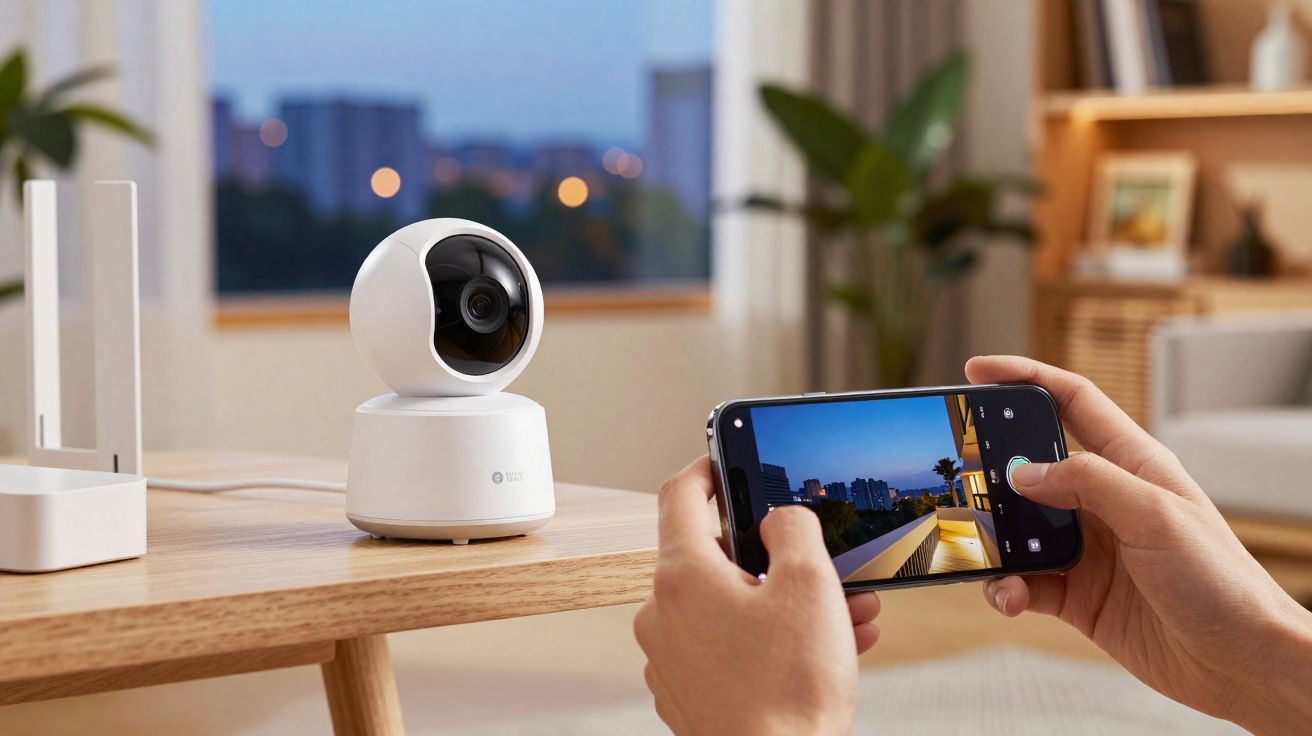 Caméra de surveillance intérieure blanche posée sur une table avec un smartphone contrôlé à la main.