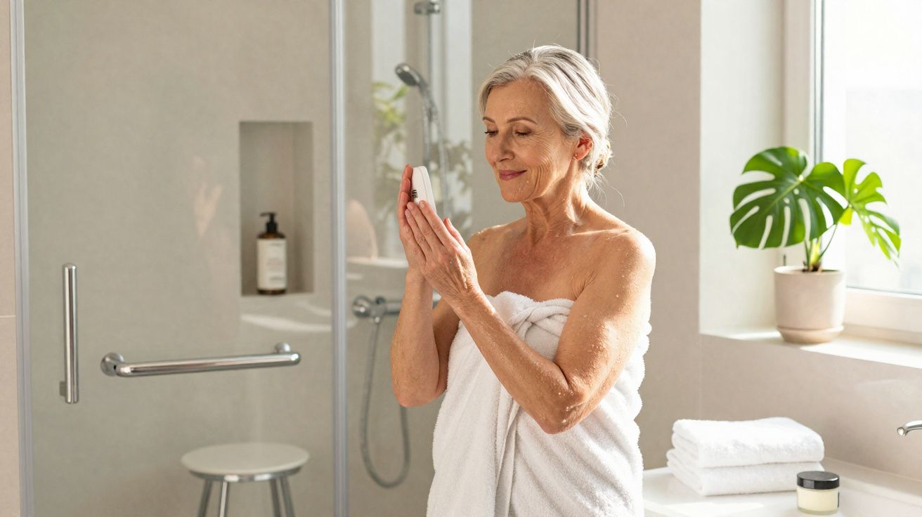 Femme mûre en serviette blanche appliquant une crème dans une salle de bain lumineuse et moderne.