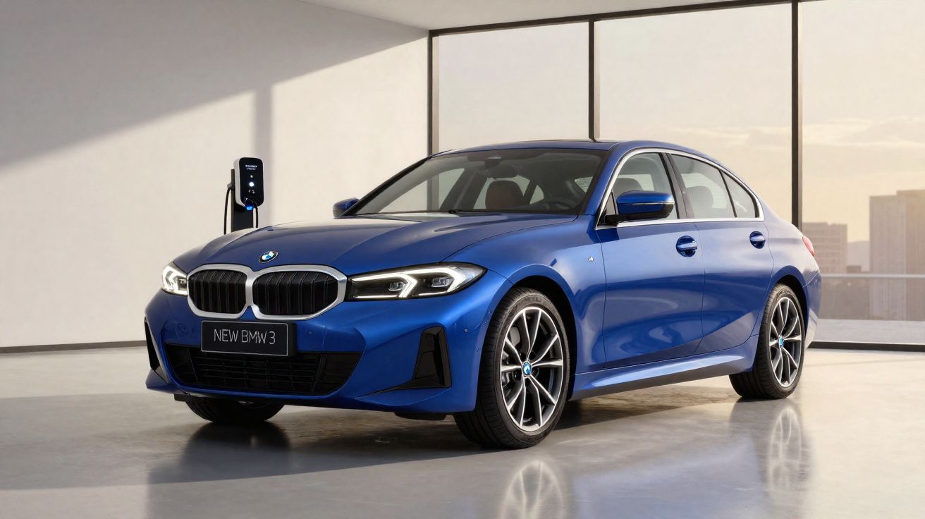 BMW série 3 berline bleue électrique en charge dans un garage moderne avec grande baie vitrée.