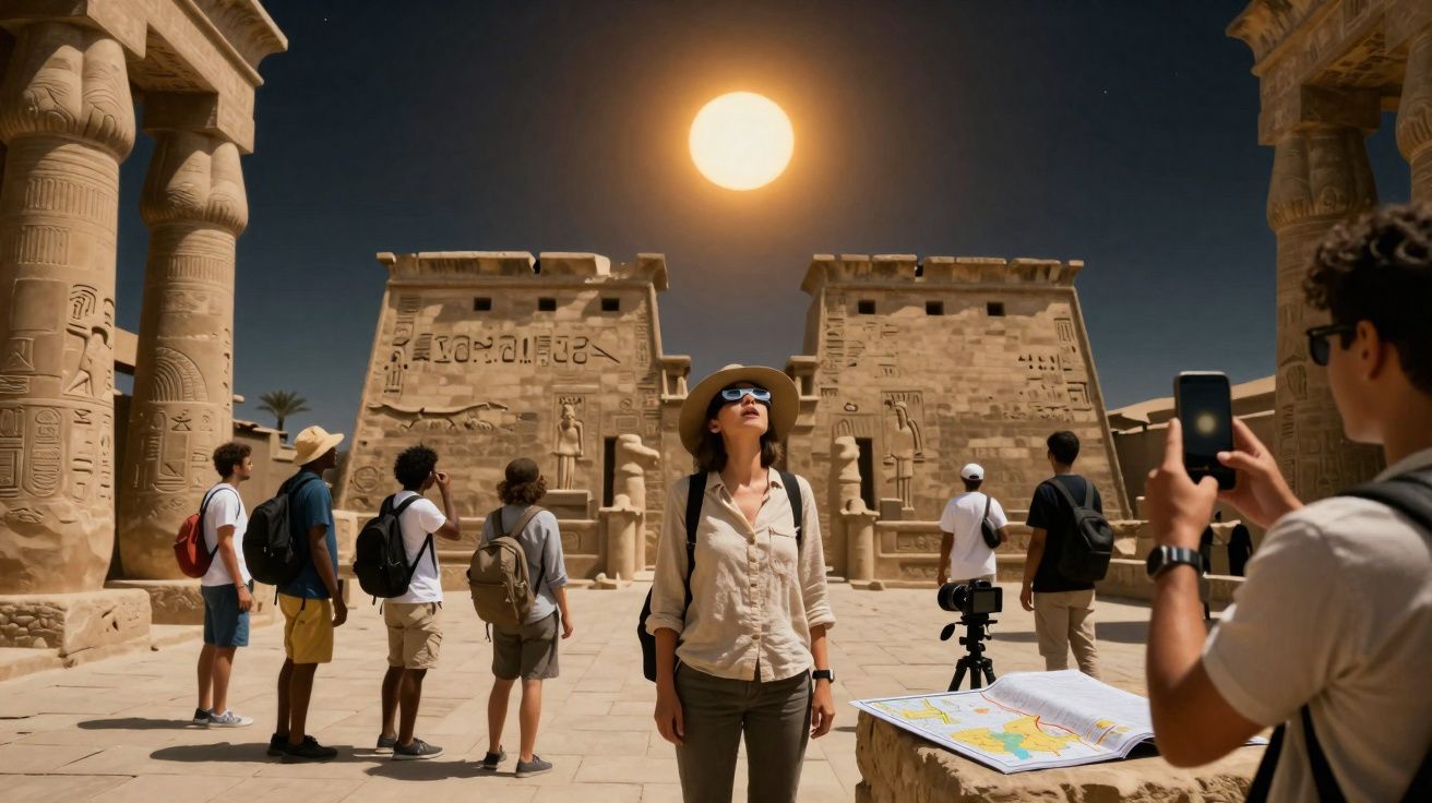 Groupe de touristes visitant un temple égyptien ancien sous une pleine lune brillante.