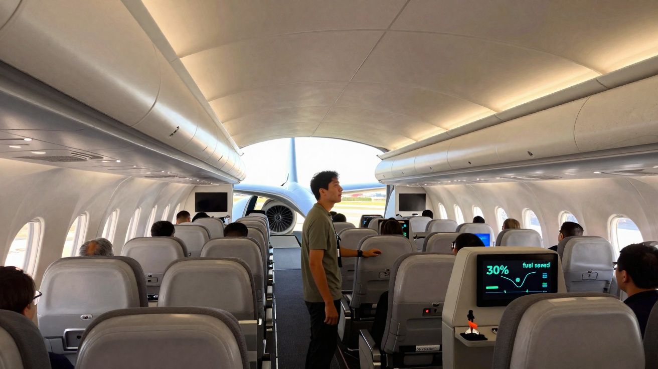 Intérieur d'un avion moderne avec passagers installés et vue sur le moteur à travers la cabine.