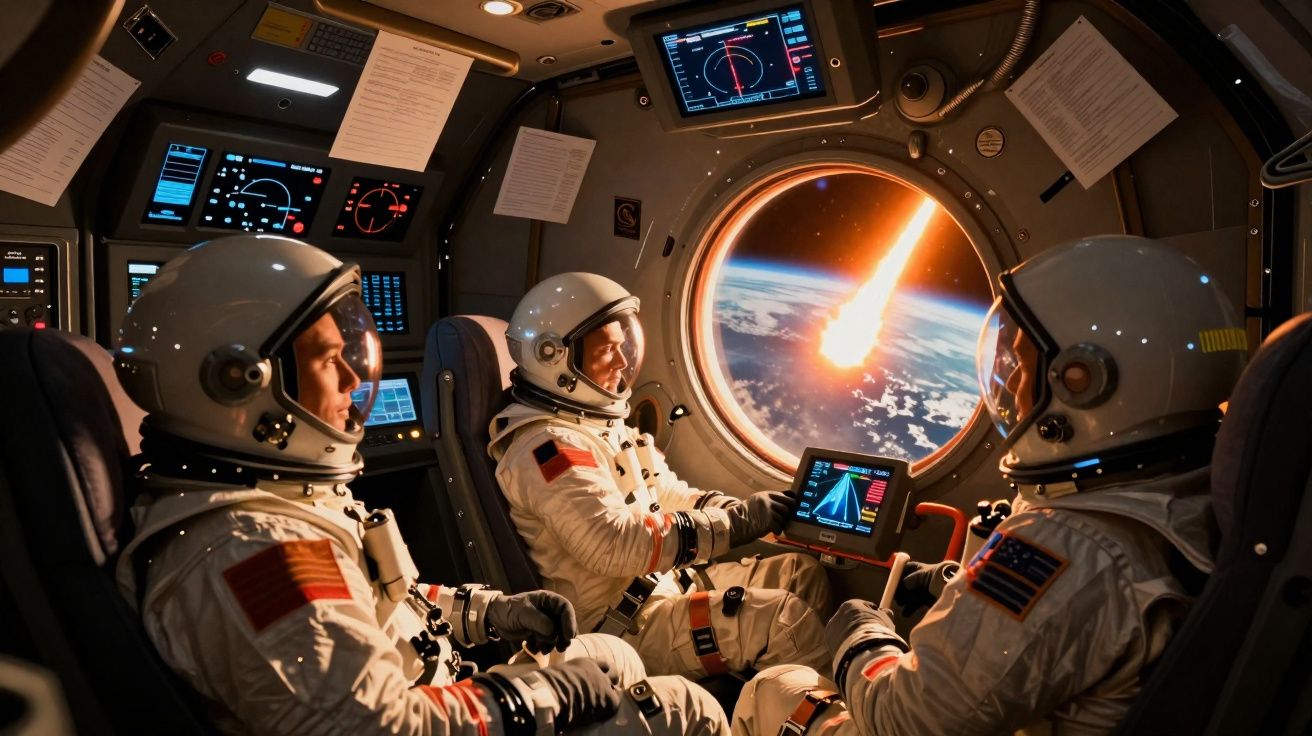 Trois astronautes en combinaisons spatiales observent un météore entrant dans l'atmosphère depuis une capsule spatiale.