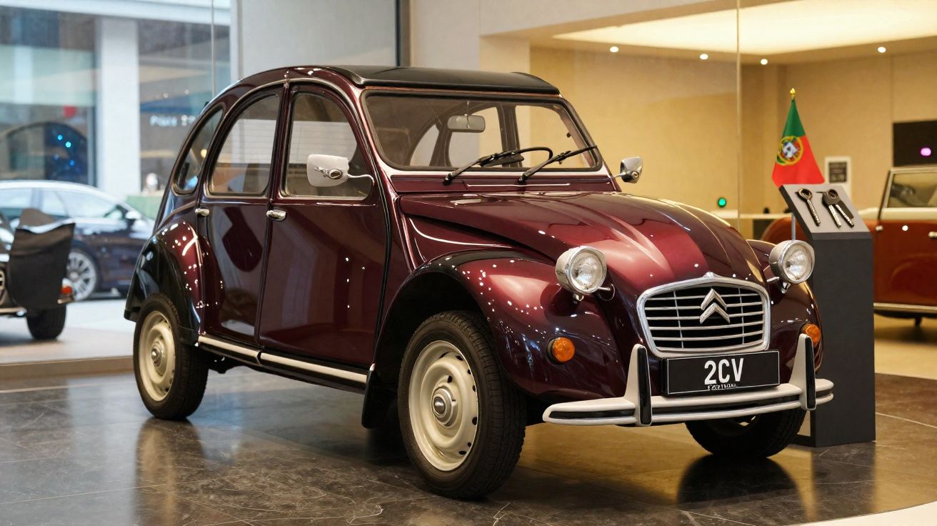 Citroën 2CV bordeaux exposée en intérieur, drapeau portugais à côté, partie d'un musée automobile.