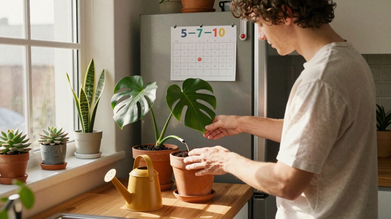 Homme arrosant une plante verte en pot sur un plan de travail en bois près d'une fenêtre lumineuse.