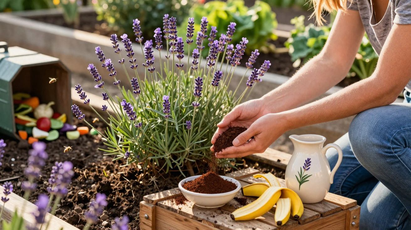Une personne verse du marc de café dans un bol devant une plante de lavande dans un jardin.