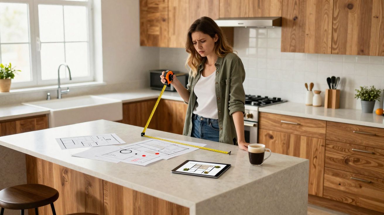 Jeune femme mesure des plans sur un plan de travail de cuisine avec mètre ruban, tablette et café.