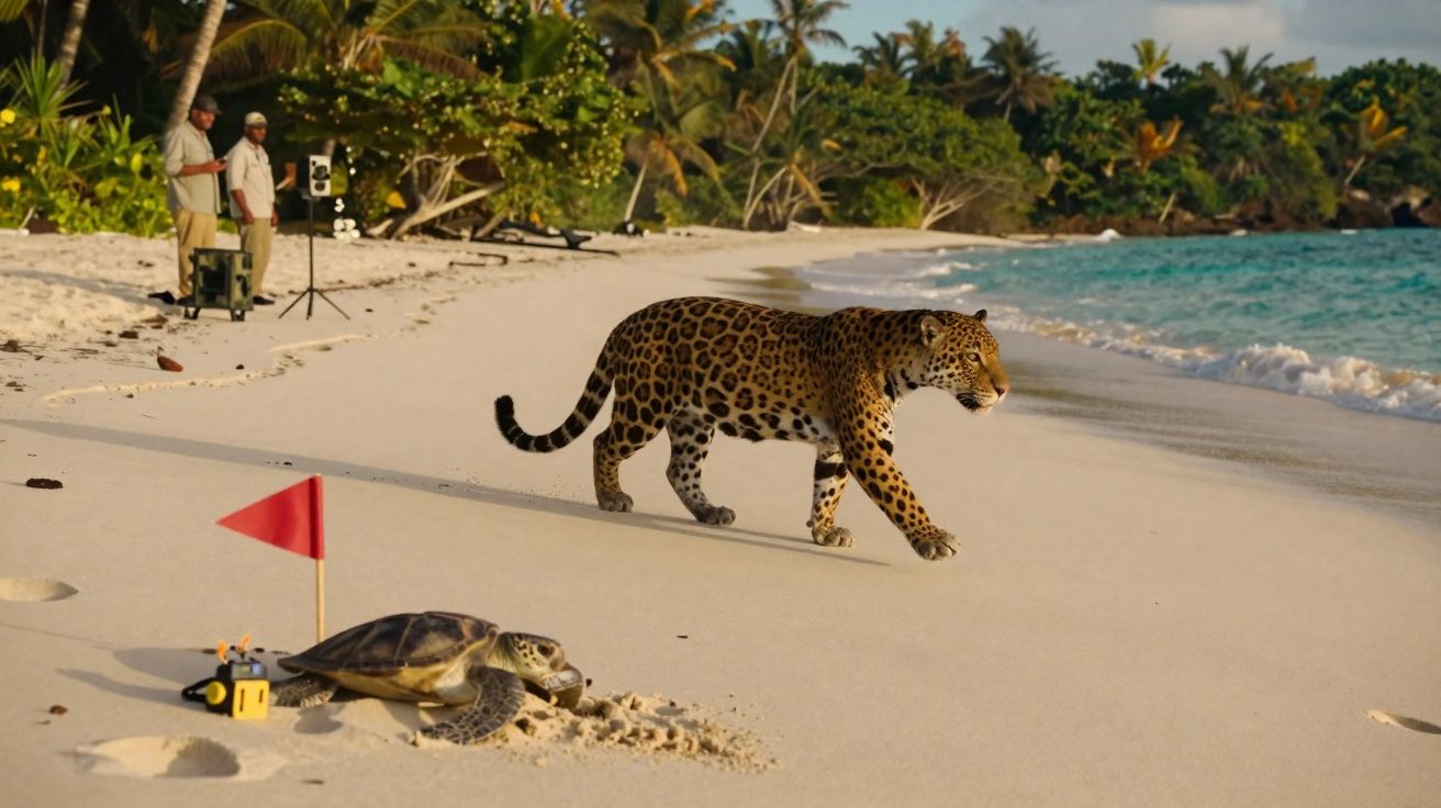 Une tortue sur une plage sableuse avec un drapeau rouge, un jaguar marche près de l'eau, deux hommes observent.