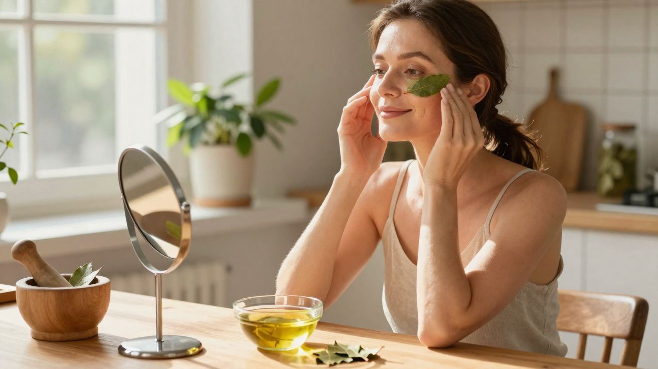 Femme appliquant une feuille de plante sur son visage devant un miroir dans une cuisine lumineuse.